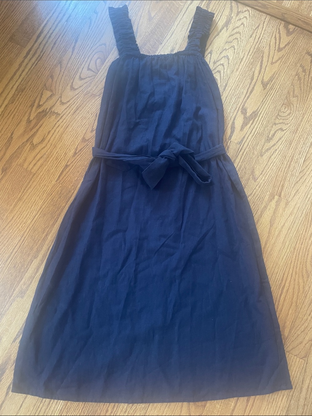 Nicole Miller Navy Linen-Blend Midi Button Back Belted Dress Small